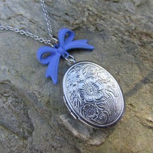 Floral Stainless steel  photo locket necklace blue bow cute kawaii
